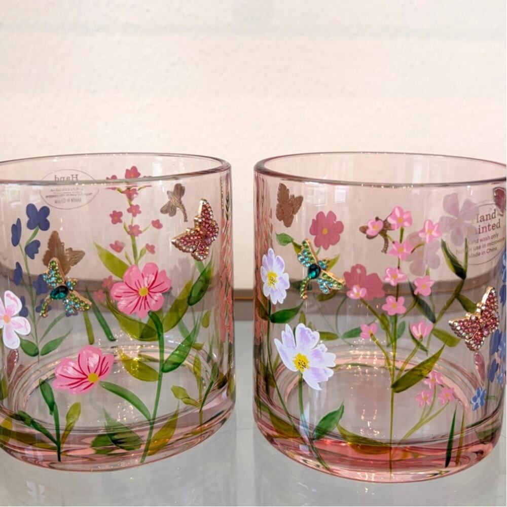 2pc Hand Painted & Jeweled Glass Mugs Multicolored Floral Butterfly NEW - Picture 13 of 15